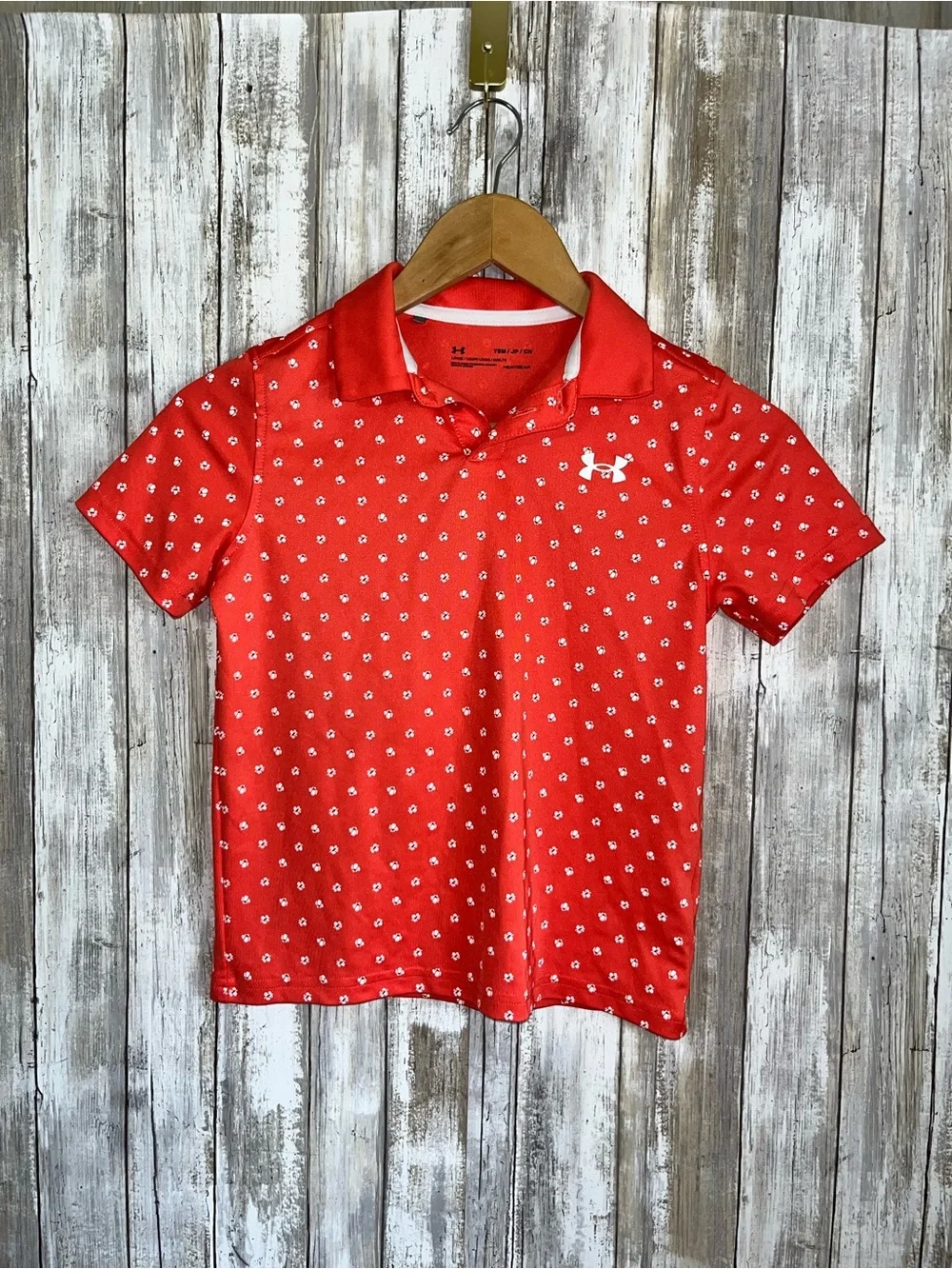 Under Armour Boys Golf Polo Small Youth Red Floral Print HeatGear Shirt - Picture 2 of 5